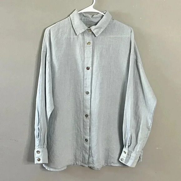 Sand Snow 100% Stonewashed Linen Long Sleeve Shirt Blue L/XL Seashell Buttons - Picture 2 of 14